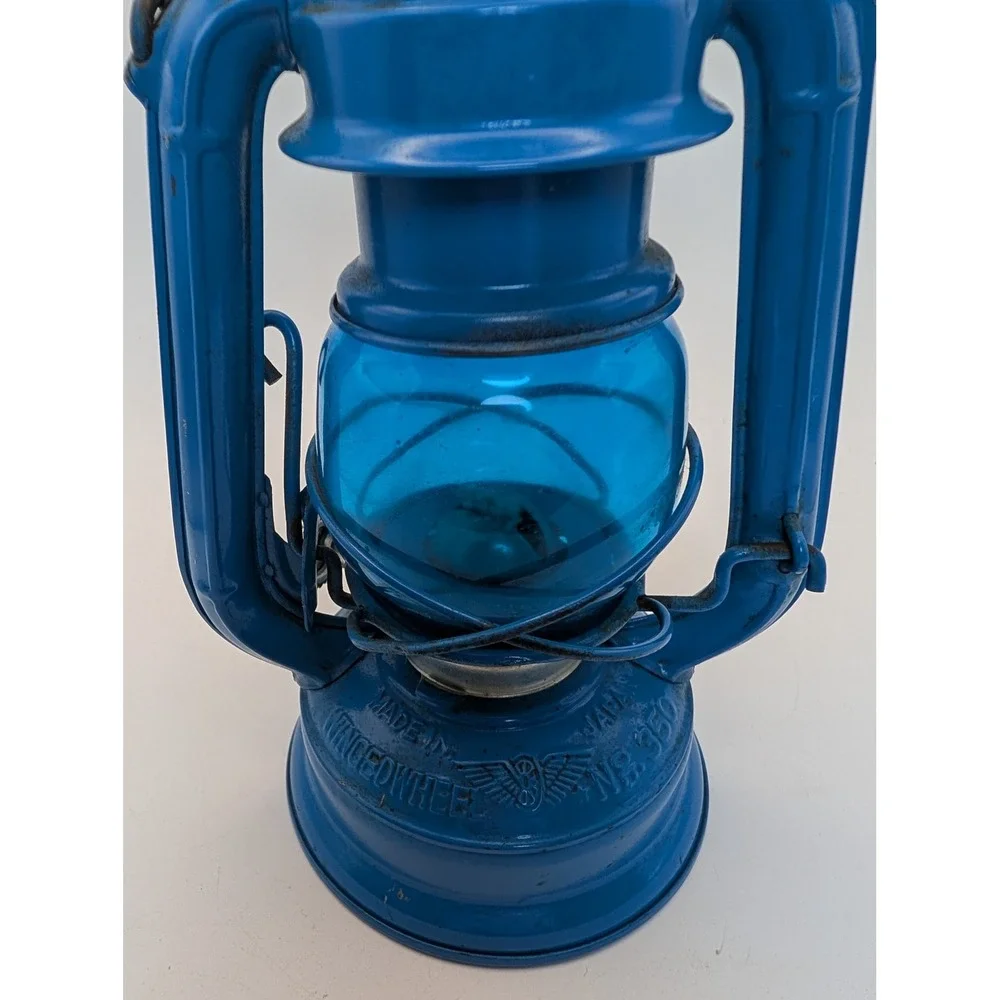 Winged Wheel No. 350 Blue Kerosene Lantern Blue Globe Made Japan Vintage 7.5
